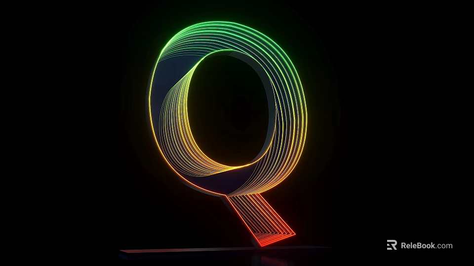 3D Letter Q Design With Colorful Neon Gradient Lines On Black Background 3d model 