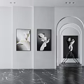 Modern Interior With White Walls Black White Artworks Arched Doorway Black Sculpture Dark Marble Floor