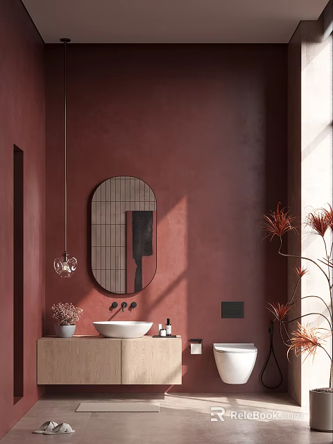 Stylish Warm Red Bathroom Interior Design With Oval Mirror Vessel Sink And Decorative Plants 3d model 