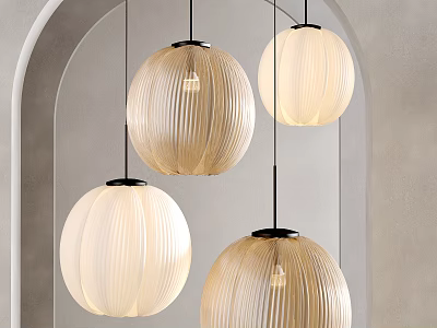Four Beige Ribbed Spherical Pendant Lights Hanging in Modern Archway Interior 3d model