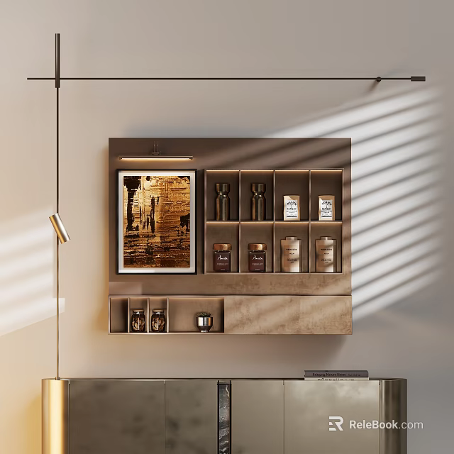 Elegant Modern Wall Decor With Framed Artwork Shelf Unit And Containers 3d model