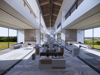 Modern Sales Office Spacious Interior Featuring Large Windows Outdoor Views Marble Flooring And Wooden Decor 3d model