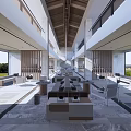 Modern Sales Office Spacious Interior Featuring Large Windows Outdoor Views Marble Flooring And Wooden Decor