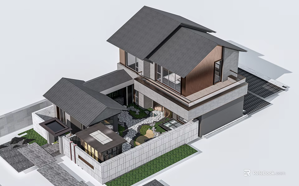 Modern Two Story Detached Villa With Dark Roof Wooden Stone Exterior And Courtyard Greenery 3d model 
