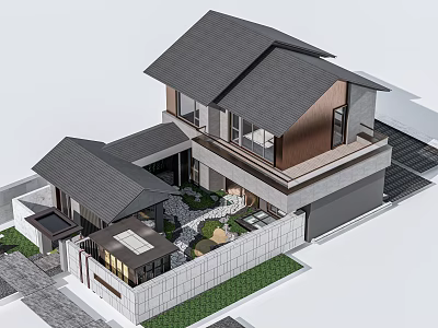 Modern Two Story Detached Villa With Dark Roof Wooden Stone Exterior And Courtyard Greenery 3d model