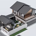 Modern Two Story Detached Villa With Dark Roof Wooden Stone Exterior And Courtyard Greenery