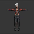 Woman with white hair wearing red black top blue jeans knee pads and arms outstretched