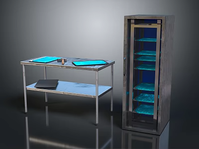 Metal Table With Blue Countertops Lower Shelf Black Mat And Tall Metallic Cabinet Blue Shelves 3d model