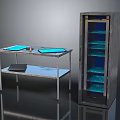 Metal Table With Blue Countertops Lower Shelf Black Mat And Tall Metallic Cabinet Blue Shelves