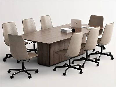 Wooden Conference Table With Swivel Chairs And Laptop Documents In Office Meeting Room 3d model