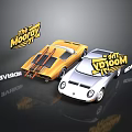 Yellow And White Retro Racing Cars Featuring The Monkey And The Voodoo Logos