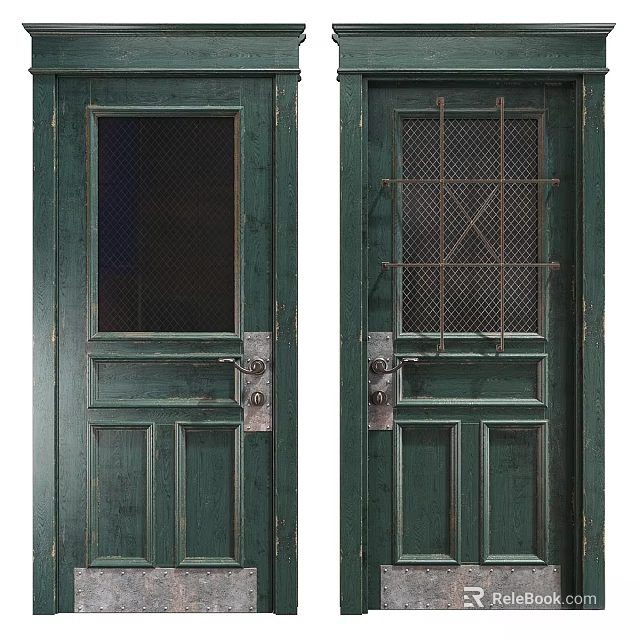 Two Green Swing Doors With Glass Panel Left And Metal Grid Right Featuring Metal Handles 3d model 