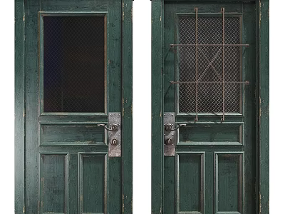 Two Green Swing Doors With Glass Panel Left And Metal Grid Right Featuring Metal Handles 3d model