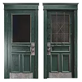 Two Green Swing Doors With Glass Panel Left And Metal Grid Right Featuring Metal Handles