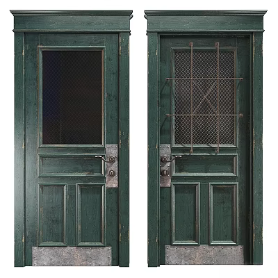 Two Green Swing Doors With Glass Panel Left And Metal Grid Right Featuring Metal Handles 3d model
