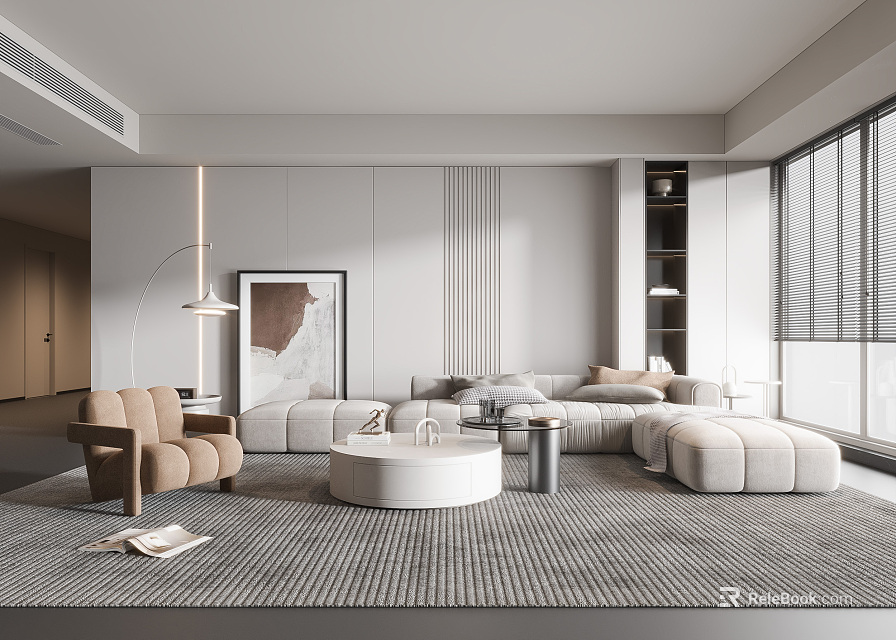 Modern Living Room With Light Colored Sofa Round Coffee Table And Area Rug 3d model 