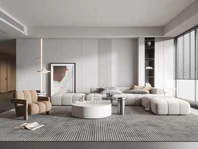 Modern Living Room With Light Colored Sofa Round Coffee Table And Area Rug 3d model