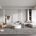 Modern Living Room With Light Colored Sofa Round Coffee Table And Area Rug