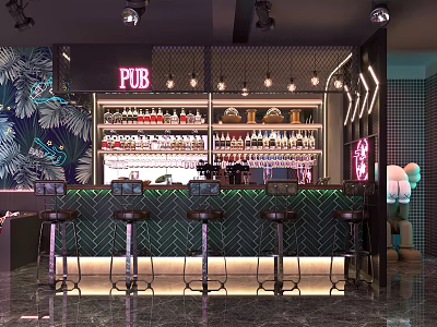 Modern Pub Interior With Tropical Leaf Pattern Wall Bar Counter Pendant Lights And High Stools 3d model