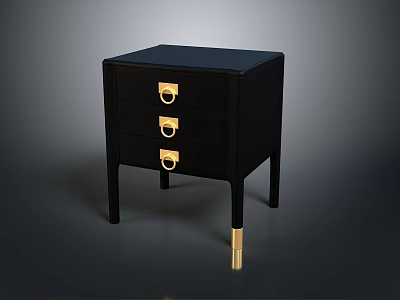 Sleek Black Modern Nightstand With Three Drawers Gold Handles And Legs 3d model