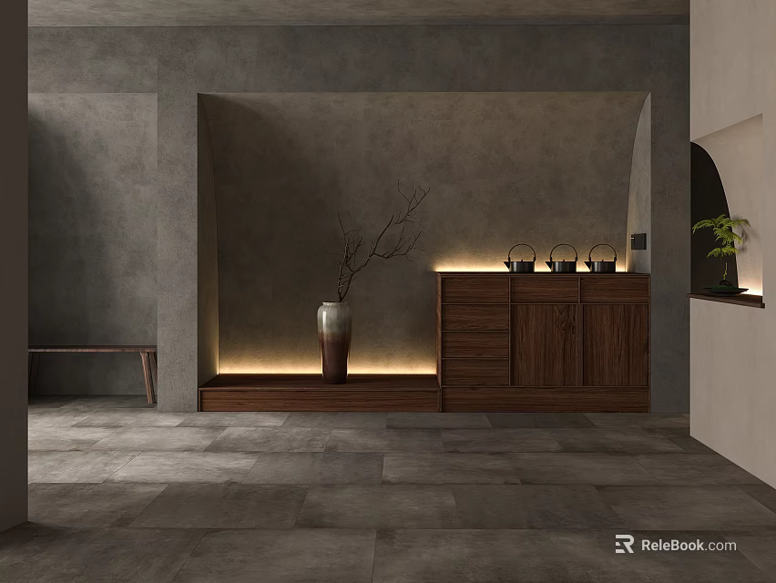 Modern Restaurant Interior With Gray Walls Wooden Cabinets Vase Warm Lighting And Tile Floor 3d model 