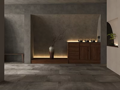 Modern Restaurant Interior With Gray Walls Wooden Cabinets Vase Warm Lighting And Tile Floor 3d model
