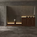 Modern Restaurant Interior With Gray Walls Wooden Cabinets Vase Warm Lighting And Tile Floor