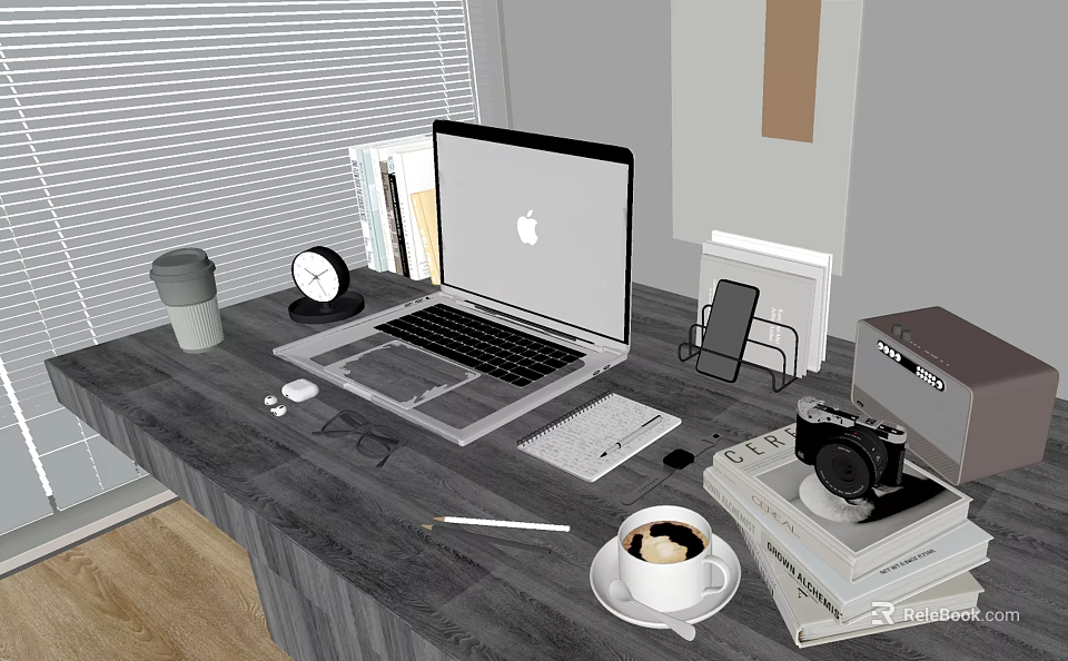 Modern Work Desk Setup With Laptop Coffee Cup Camera And Office Supplies 3d model 