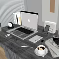 Modern Work Desk Setup With Laptop Coffee Cup Camera And Office Supplies