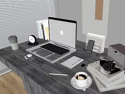 Modern Work Desk Setup With Laptop Coffee Cup Camera And Office Supplies 3d model