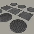 Various Gray Manhole Covers With Circular And Square Shapes And Designs 3d model