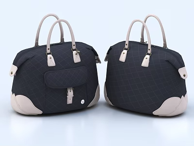 Stylish Navy Blue Duffel Bags With Beige Accents Checkerboard Pattern And Leather Handles 3d model