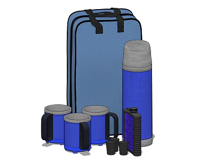 Blue Travel Cups with Thermos Flask and Matching Blue Suitcase Lids 3d model