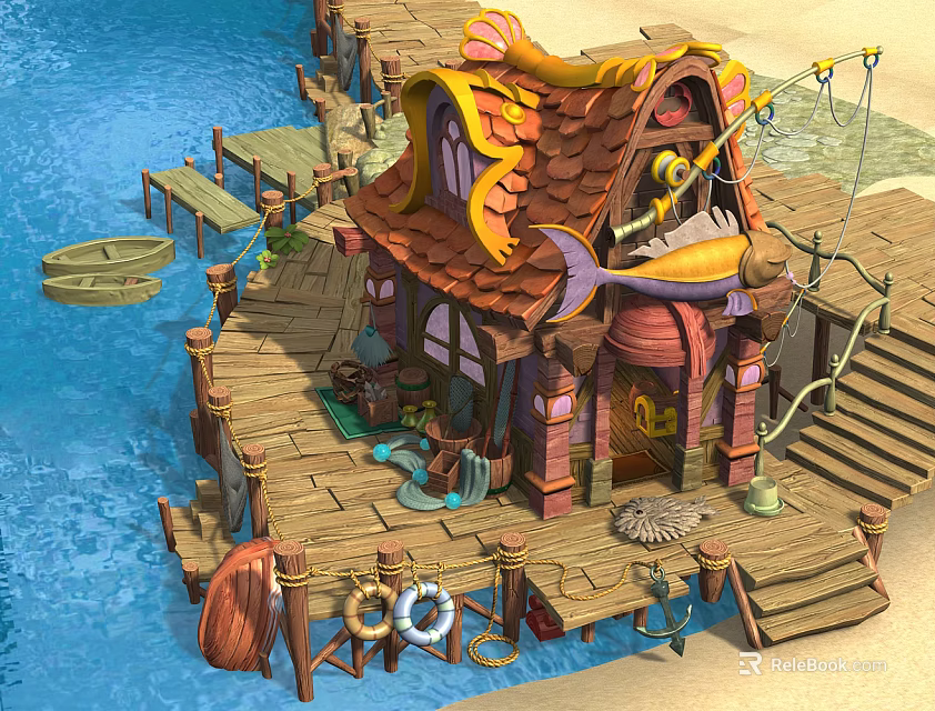 Cartoon Quirky House on Water with Wooden Dock Small Boat Lifebuoy and Barrels 3d model 