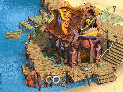 Cartoon Quirky House on Water with Wooden Dock Small Boat Lifebuoy and Barrels 3d model