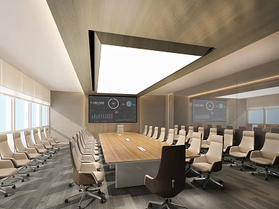 Spacious Conference Room With Long Wooden Table Ergonomic Chairs Large Digital Screen And Bright Windows 3d model
