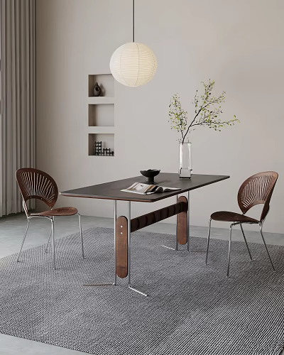 Elegant Dining Table with Woven Chairs Vase Branches Open Book Black Bowl and Gray Curtains 3d model