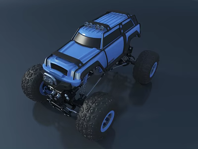 Blue Electric Toy Monster Truck With Black Front Large Tires And Roof Lights 3d model