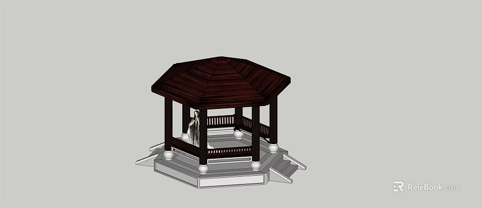 Traditional Octagonal Pavilion With Dark Wooden Roof White Stone Base And Steps 3d model 
