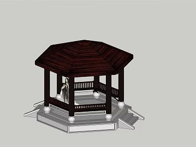 Traditional Octagonal Pavilion With Dark Wooden Roof White Stone Base And Steps 3d model