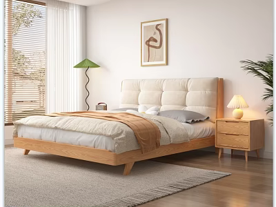 Double Bed with Wooden Frame Upholstered Headboard Floor Lamp and Nightstand in Cozy Bedroom 3d model