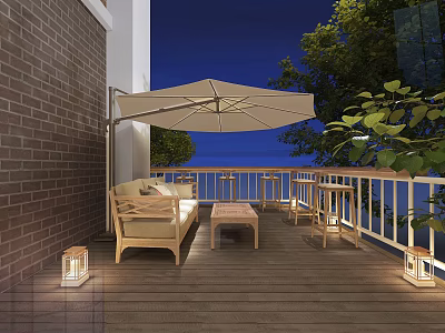 Cozy Patio With Beige Sofa Wooden Table Green Plants And Umbrella At Night 3d model