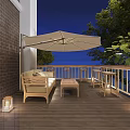 Cozy Patio With Beige Sofa Wooden Table Green Plants And Umbrella At Night
