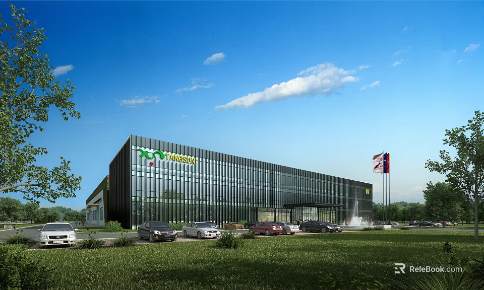 Modern Industrial Plant With Glass Curtain Wall Company Logo Parking Lot And Green Lawn 3d model 