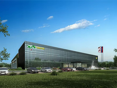 Modern Industrial Plant With Glass Curtain Wall Company Logo Parking Lot And Green Lawn 3d model