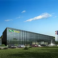 Modern Industrial Plant With Glass Curtain Wall Company Logo Parking Lot And Green Lawn