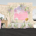 Beautiful Wedding Decor Setup With Floral Arch Pink Backdrop Mirror And Bench 3d model