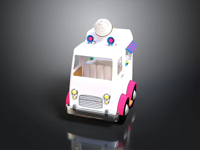 Ice Cream Truck With White And Pink Exterior Cone On Top And Headlights 3d model