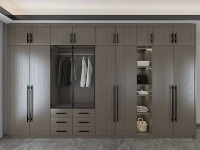 Modern Gray Wardrobe with Glass Door Hanging Clothes Drawers Open Shelves and Storage Basket 3d model