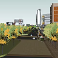 Lively Commercial Street with Modern Buildings Cars Trees and Colorful Billboards